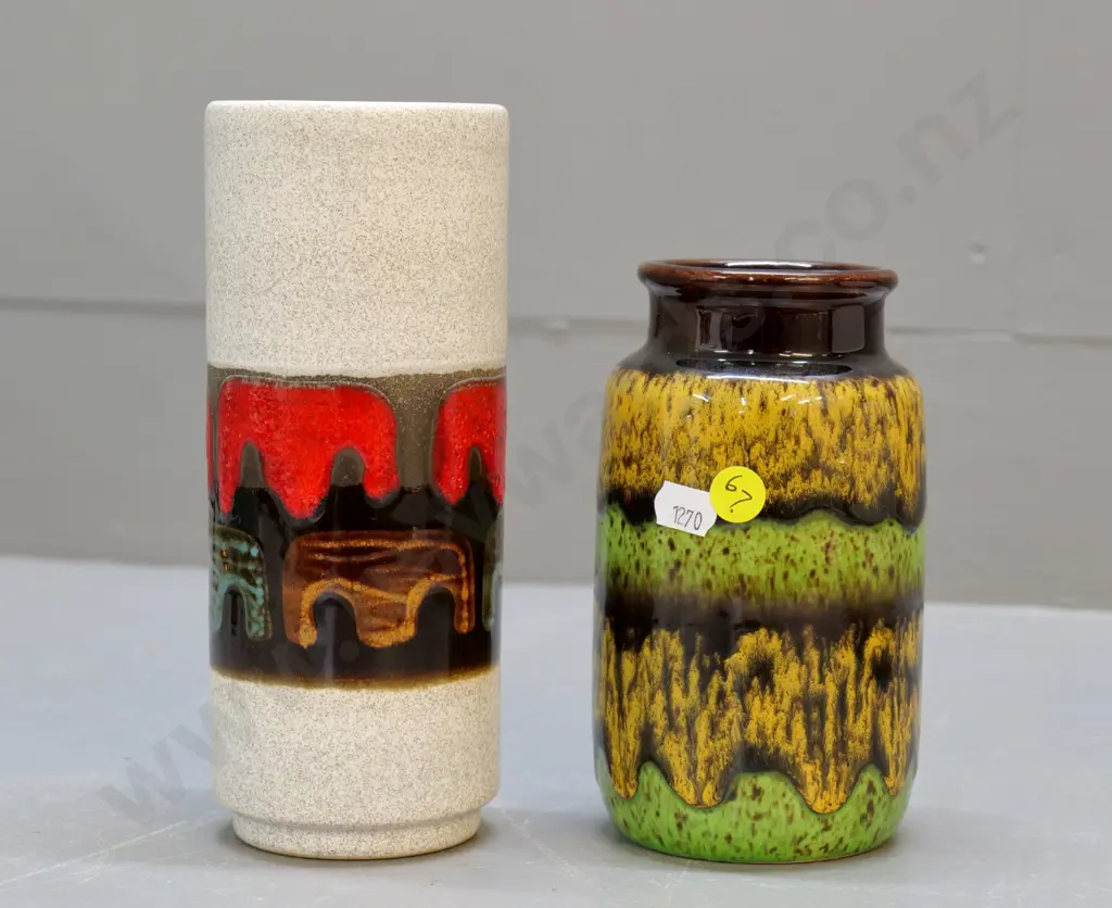 2 German pottery vases - green & gold one marked 237-75, other unmarked H-190 Image 1++