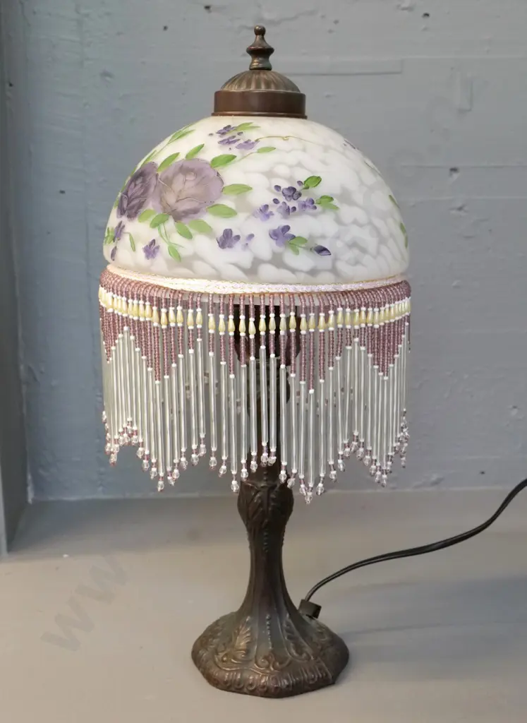 reproduction table lamp with bronzed finish, hand-painted mottled glass shade and beaded fringe H-440 Image 1++