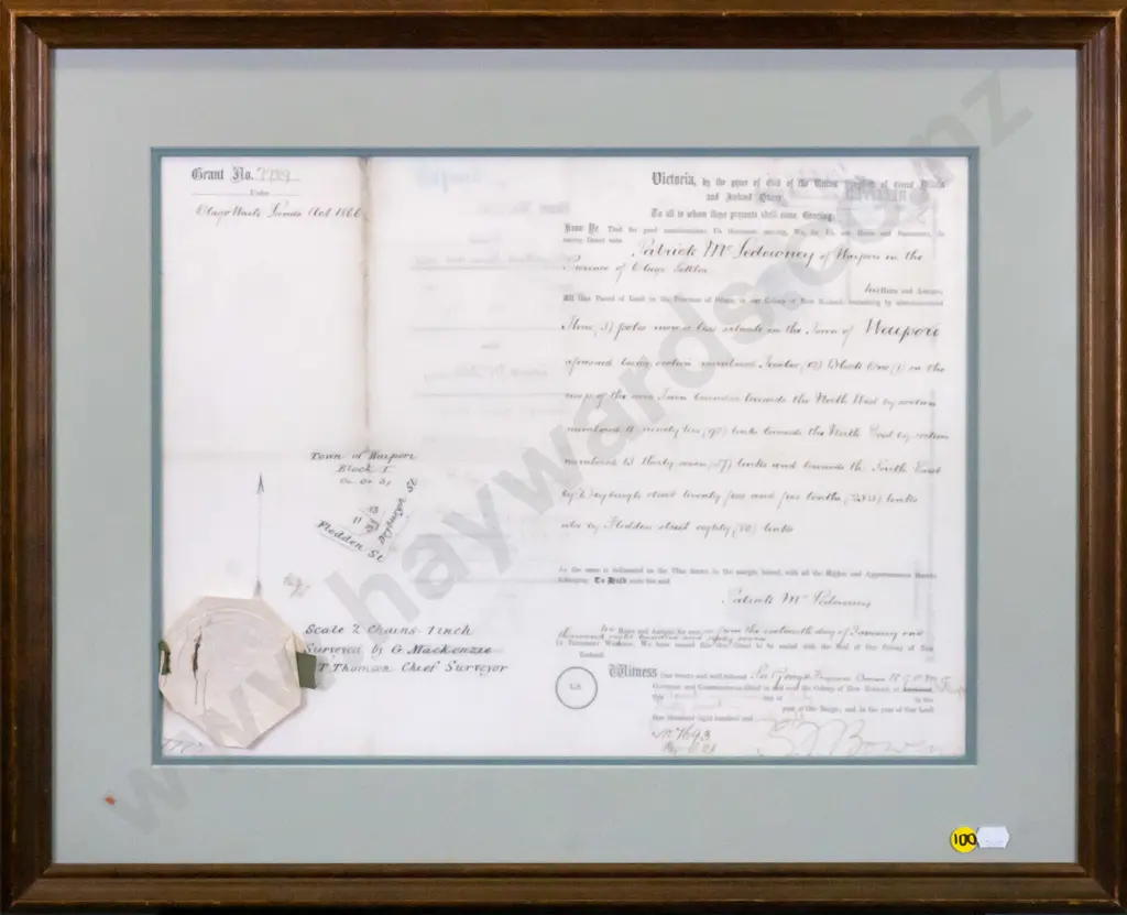 framed land deed - Waipori 1868 H-320 W-440 Image 1++
