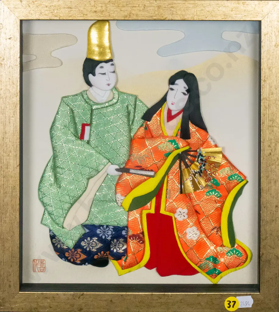 framed Asian 3-D fabric - man and woman H-260 W-230 Image 1++