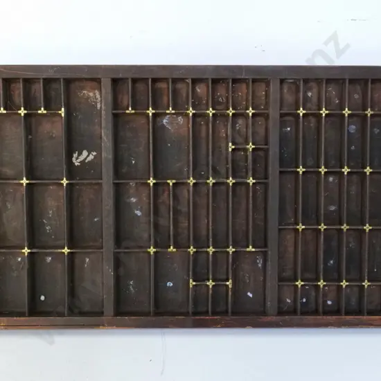 dark stained wooden printer's type tray with brass corner reinforcements L-820 W-420