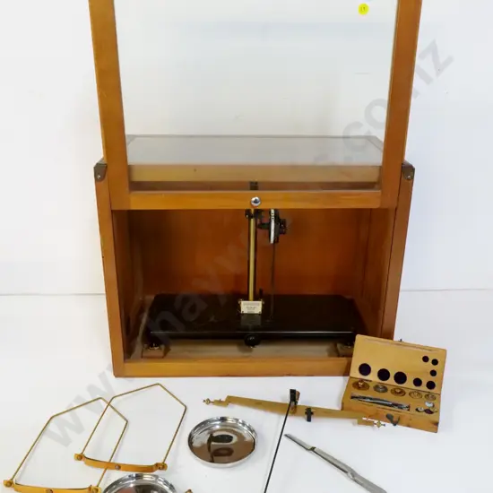 Griffin & George London "Microid Minor" precision balance scales, needs assembly, with wood-cased weight set H370 W470