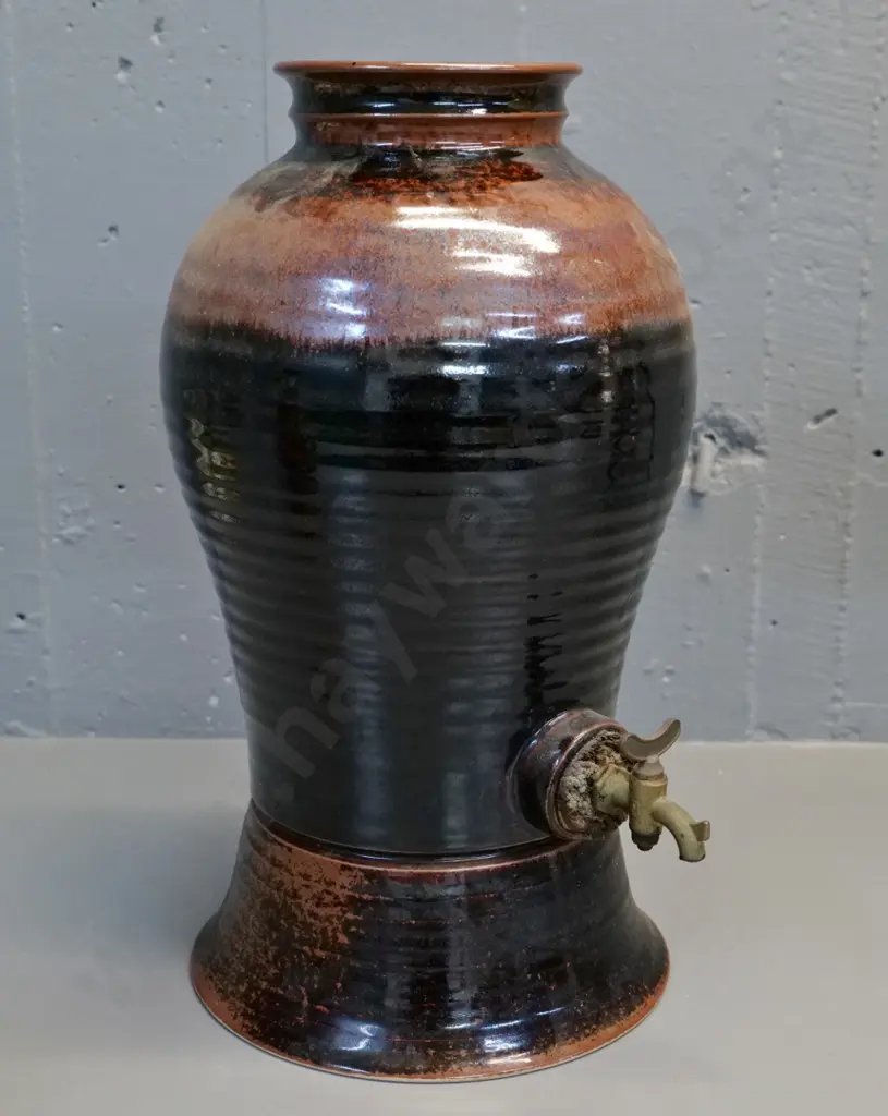 studio pottery water urn with brass tap - no maker's mark H-420 D-230 Image 1++