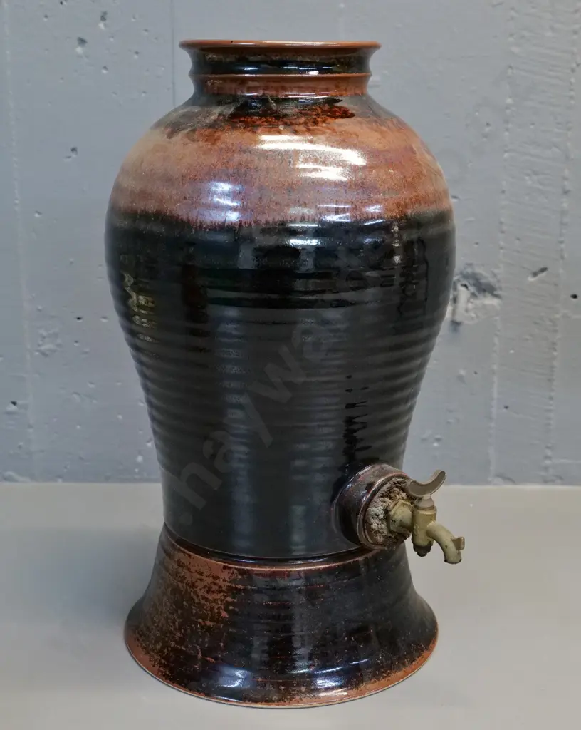 studio pottery water urn with brass tap - no maker's mark H-420 D-230 Image 1++