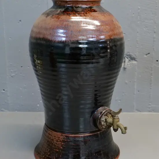 studio pottery water urn with brass tap - no maker's mark H-420 D-230