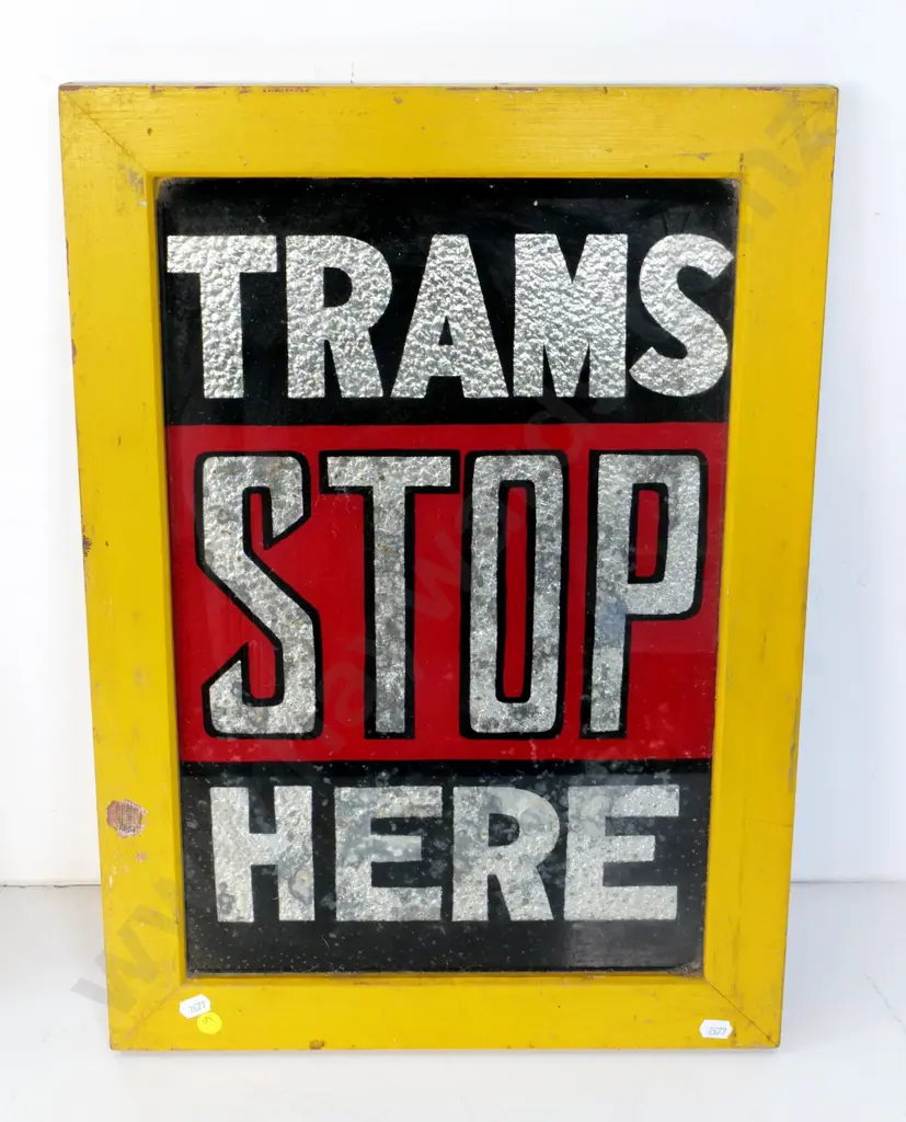vintage timber framed glass Wellington tram sign with silver foil backing - Trams Stop Here H535 W380 Image 1++