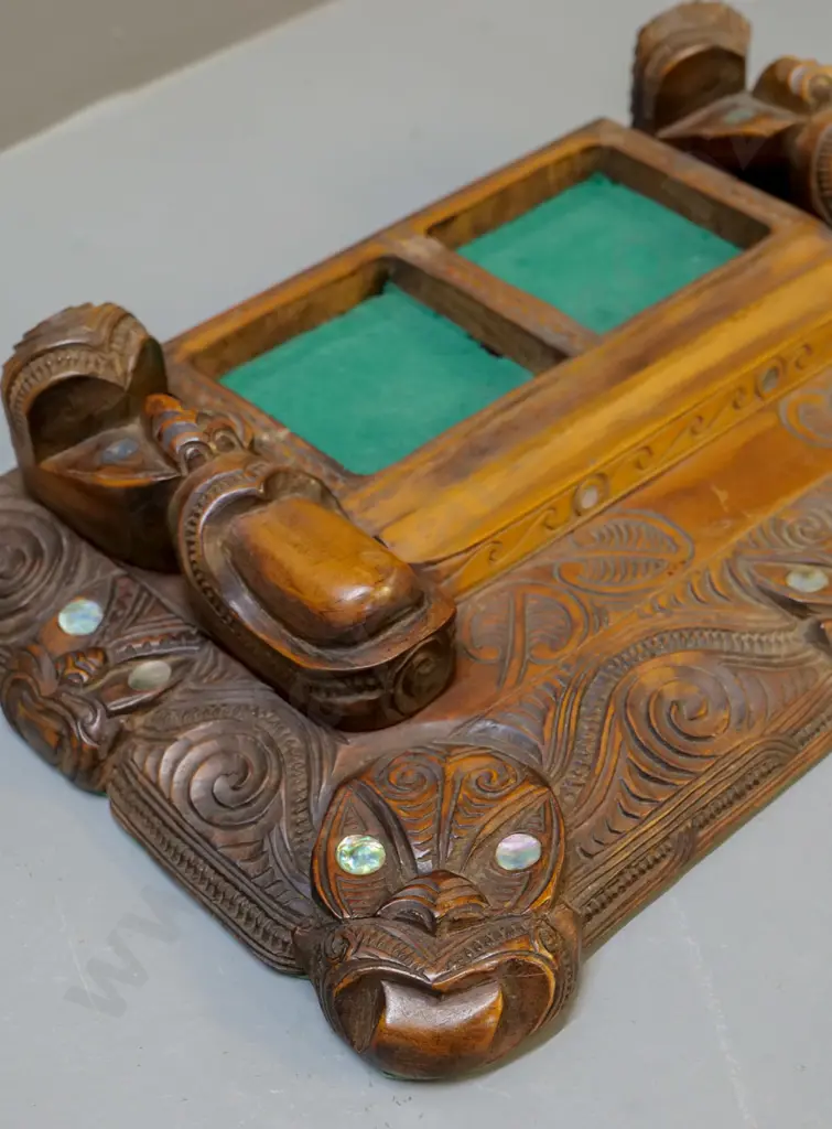 ornately carved Maori-motif desk organiser with paua insets - one missing - minor cracking W-360 D-220 Image 1++
