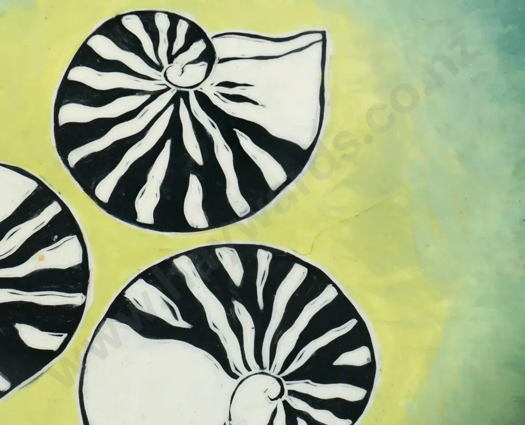 large pottery wall charger with hand-painted nautilus design - firing cracks on back, one visible on front. Diameter 410 Image 1++