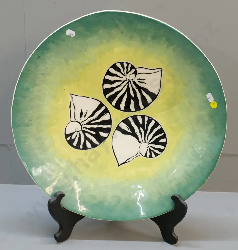 large pottery wall charger with hand-painted nautilus design - firing cracks on back, one visible on front. Diameter 410 Image 1++