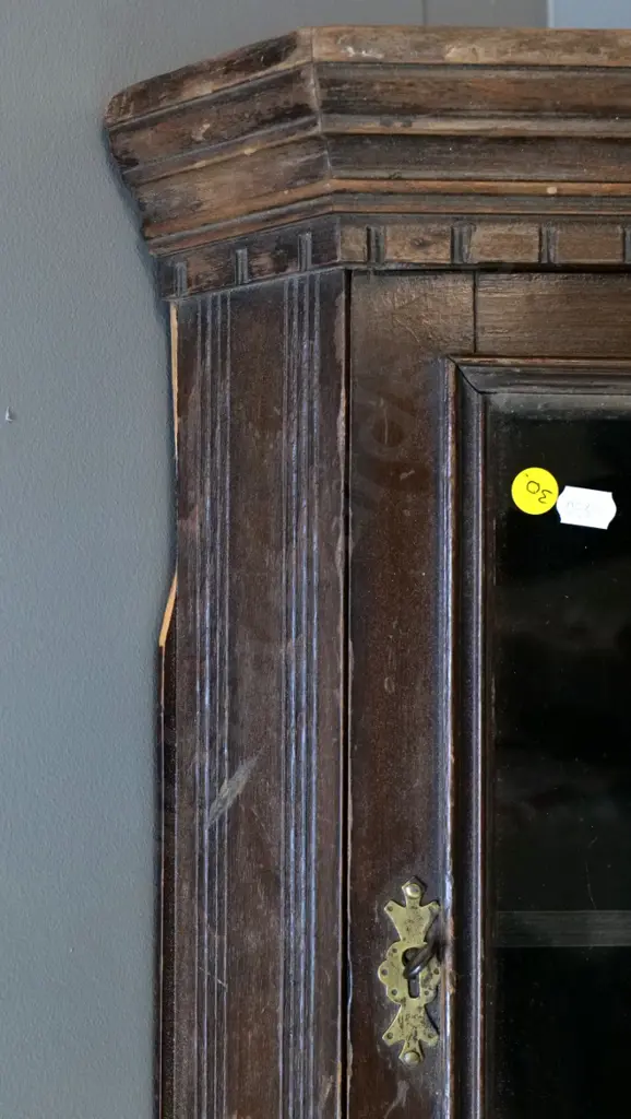 vintage mahogany small hanging corner cabinet w/key, replaced brass hinges, damage and hole in back H700 W380 D265 Image 1++