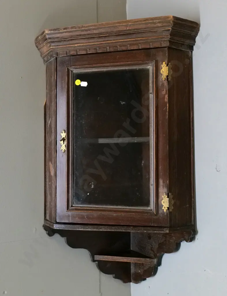 vintage mahogany small hanging corner cabinet w/key, replaced brass hinges, damage and hole in back H700 W380 D265 Image 1++
