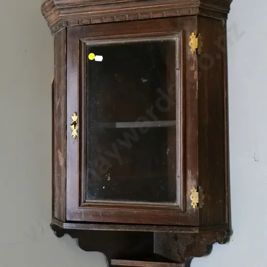 vintage mahogany small hanging corner cabinet w/key, replaced brass hinges, damage and hole in back H700 W380 D265