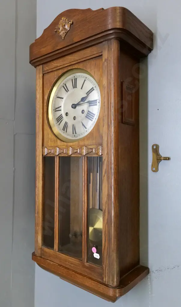 oak-cased German chiming wall clock - some damage to carved ornament H-775 W-340 D-180 Image 1++