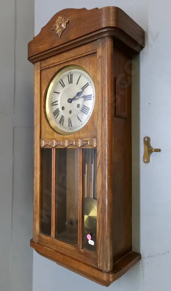 oak-cased German chiming wall clock - some damage to carved ornament H-775 W-340 D-180 Image 1++