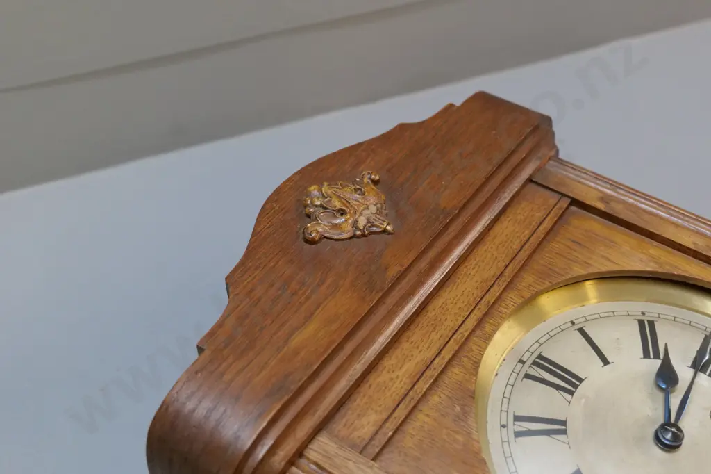 oak-cased German chiming wall clock - some damage to carved ornament H-775 W-340 D-180 Image 1++