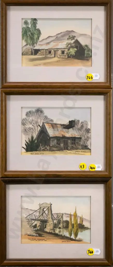 3x ramed hand coloured Yvonne Benson prints - Arrowtown, Old Gaol Styx, Old Bridge Alexandra" Each H-95 W-140 Image 1++