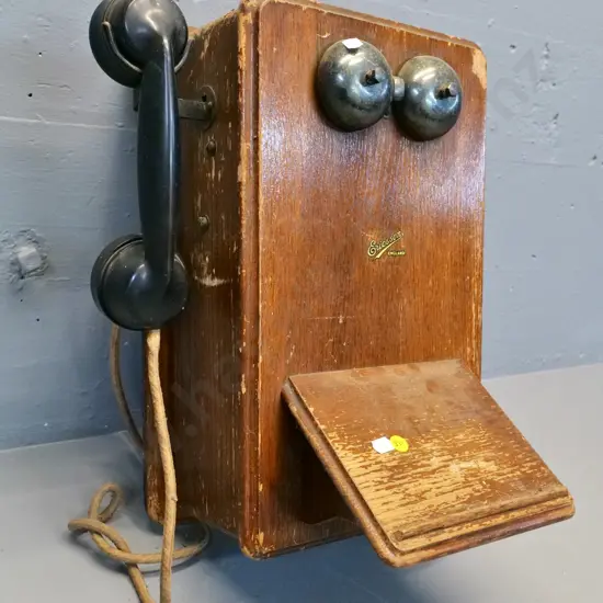vintage Ericsson wall-mount oak-cased telephone with handset - H-400 W-380