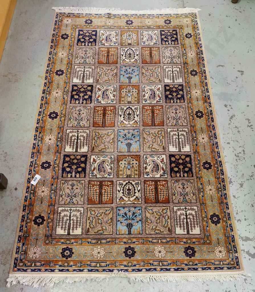 Persian hand-knotted wool floor rug - gold, blues, reds - L1490 W920 Image 1++