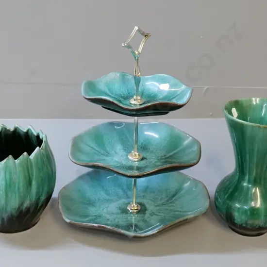 3 pieces Blue Mountain pottery - 2 vases including lotus shape and a 3-tier serving dish H370 W-270