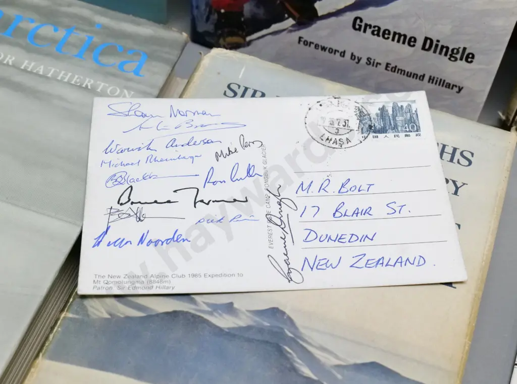 5 books - Antarctica, NZ mountaineering & postcard signed by Graham Dingle, Mike Perry and other 1985 expedition members Image 1++