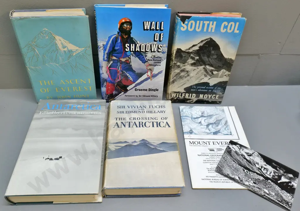 5 books - Antarctica, NZ mountaineering & postcard signed by Graham Dingle, Mike Perry and other 1985 expedition members Image 1++