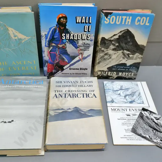 5 books - Antarctica, NZ mountaineering & postcard signed by Graham Dingle, Mike Perry and other 1985 expedition members