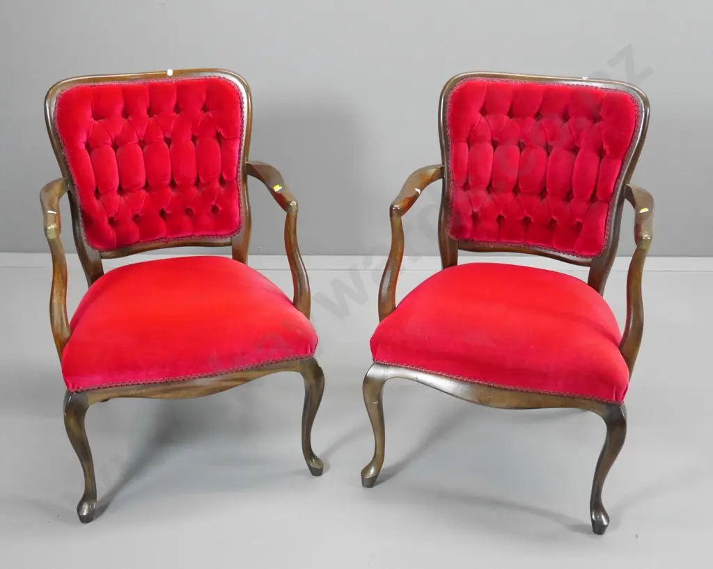 pair of reproduction mahogany elbow chairs in red velvet with deep-button back H-820 W-540 D-550 Image 1++