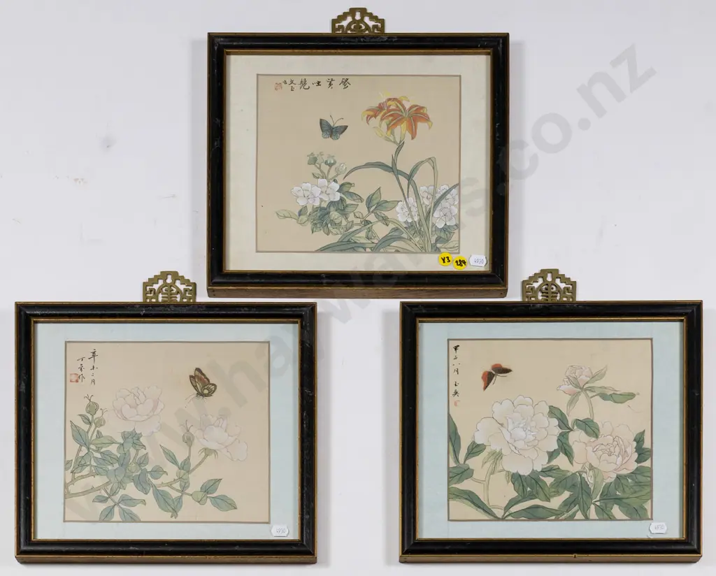 3x framed ink and watercolour - butterlies and flowers Each H-230 W-280 Image 1++