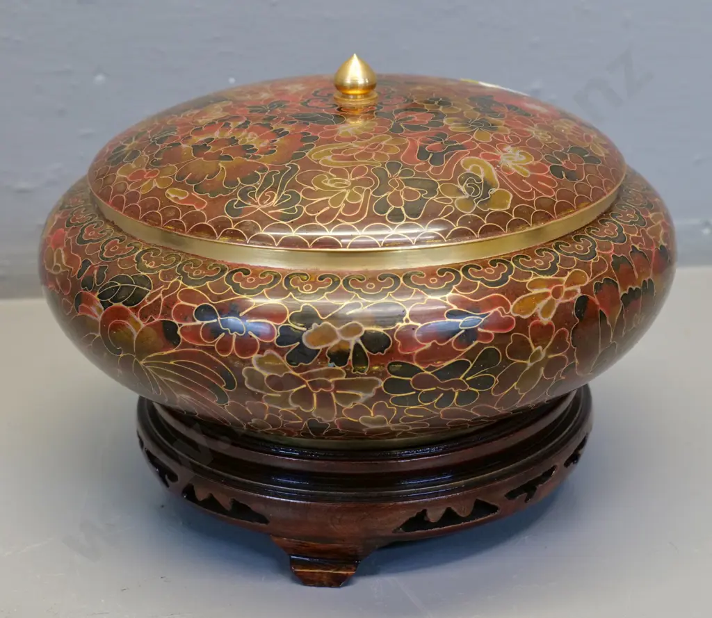 Chinese cloisonne lidded bowl on wooden stand - H-140 on stand, diameter 200 Image 1++