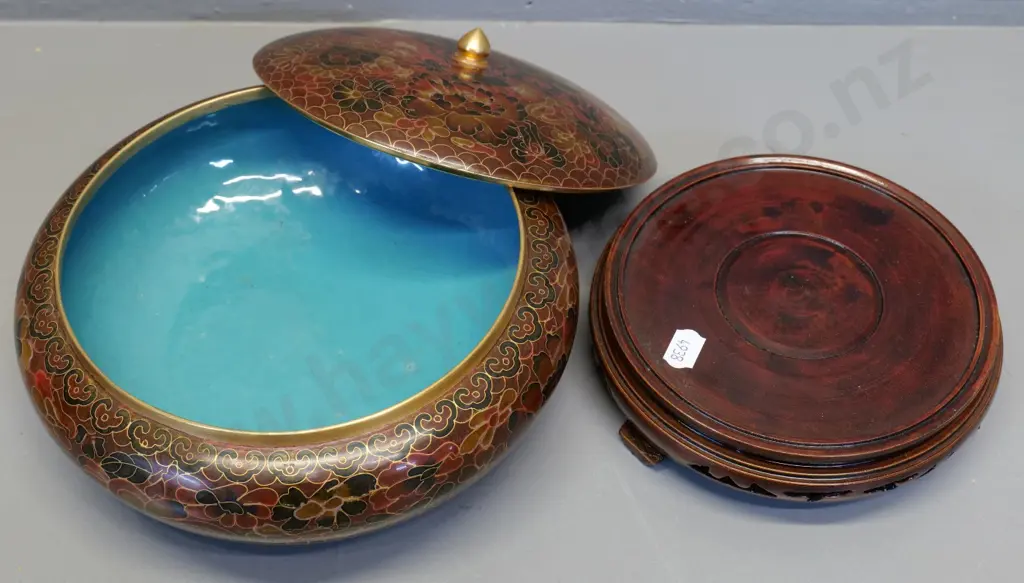 Chinese cloisonne lidded bowl on wooden stand - H-140 on stand, diameter 200 Image 1++