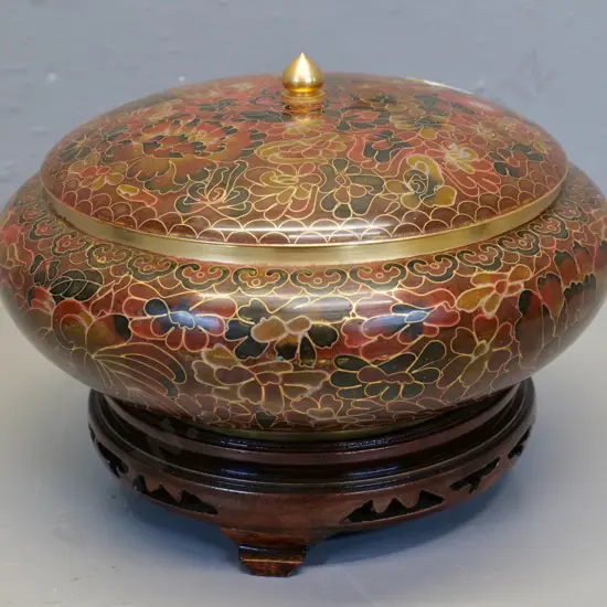 Chinese cloisonne lidded bowl on wooden stand - H-140 on stand, diameter 200