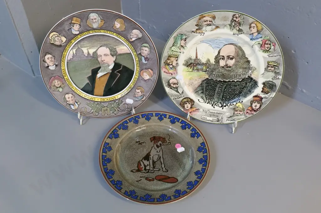 3 Royal Doulton plates - Titanian dog pattern, Dickens portrait, Shakespeare D-270 Image 1++
