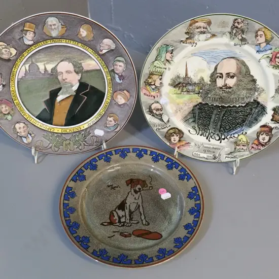 3 Royal Doulton plates - Titanian dog pattern, Dickens portrait, Shakespeare D-270