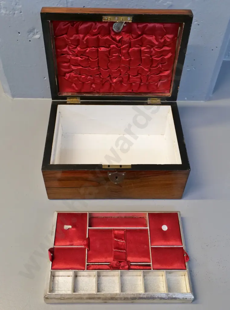 Victorian walnut jewellery box with satin lined interior, some wear to fittings, no key H140 W250 D180 Image 1++
