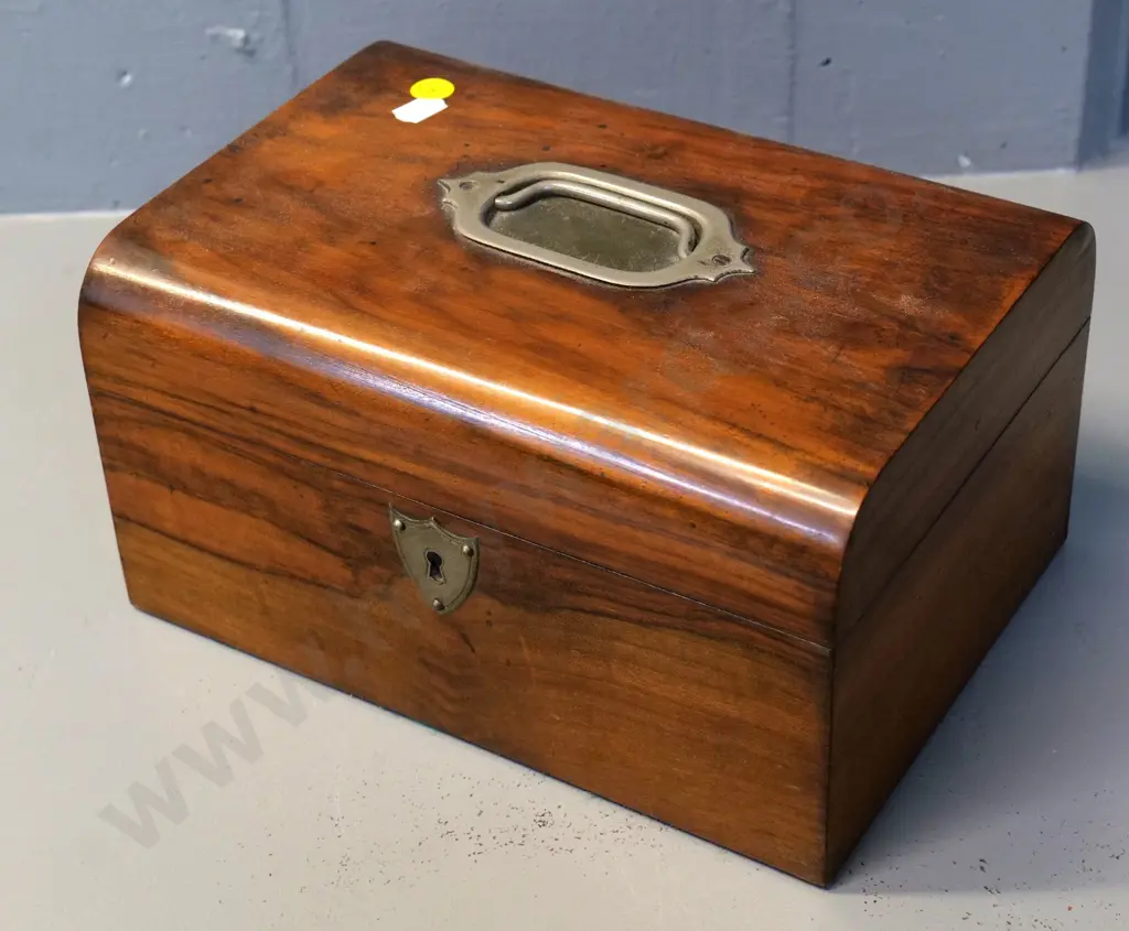 Victorian walnut jewellery box with satin lined interior, some wear to fittings, no key H140 W250 D180 Image 1++
