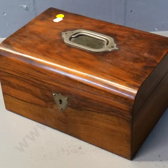 Victorian walnut jewellery box with satin lined interior, some wear to fittings, no key H140 W250 D180
