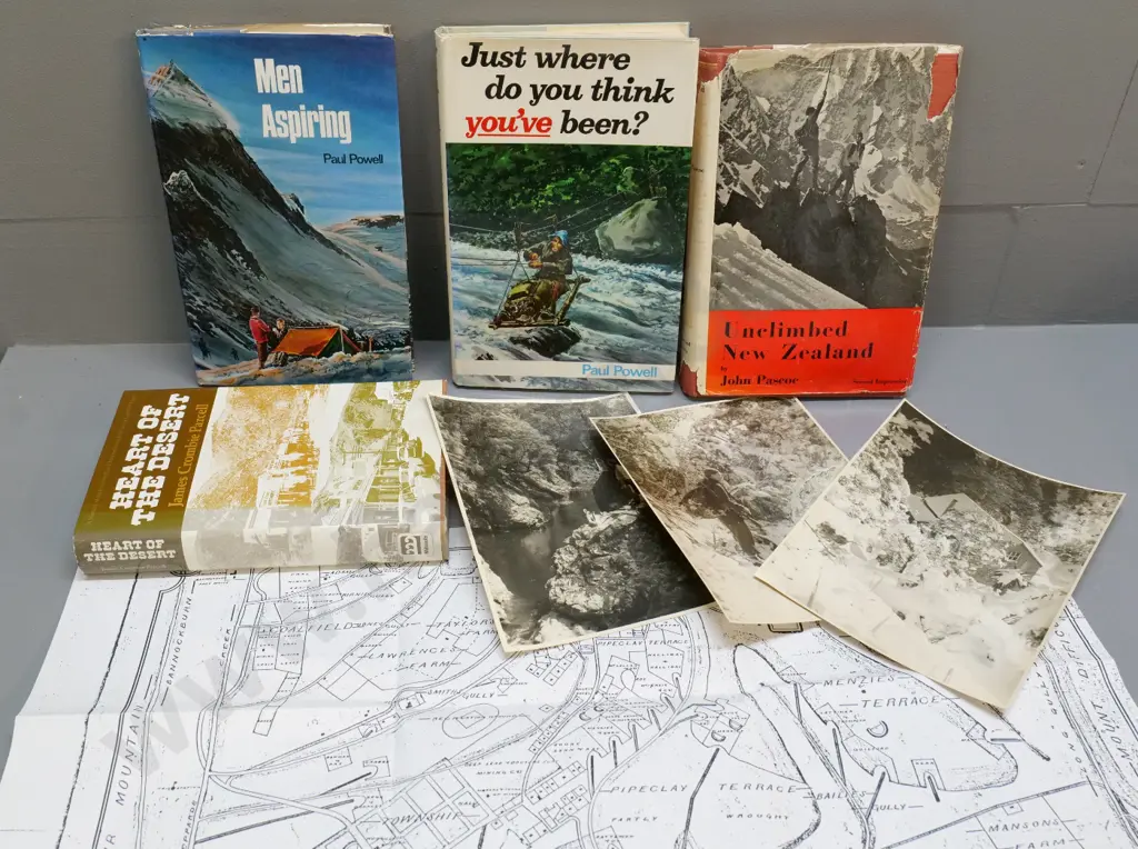 4 New Zealand mountaineering/history books - Paul Powell signed copy, Bannockburn book w/maps, Murray Bolt photos etc. Image 1++