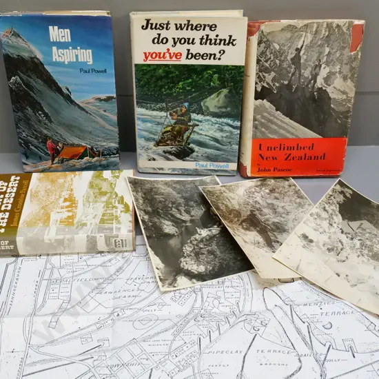 4 New Zealand mountaineering/history books - Paul Powell signed copy, Bannockburn book w/maps, Murray Bolt photos etc.