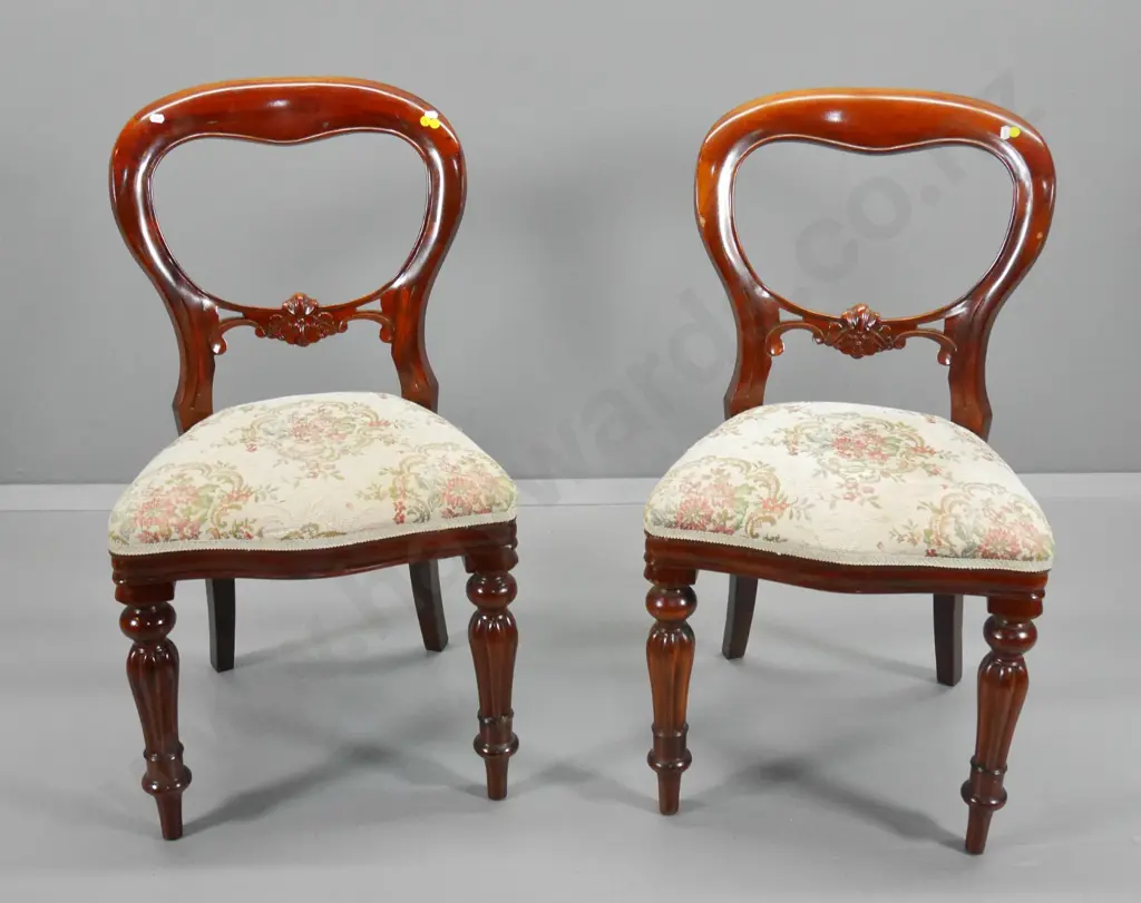 pair of reproduction mahogany balloon back chairs with carved rail, floral tapestry seat H890 W490 D420 Image 1++