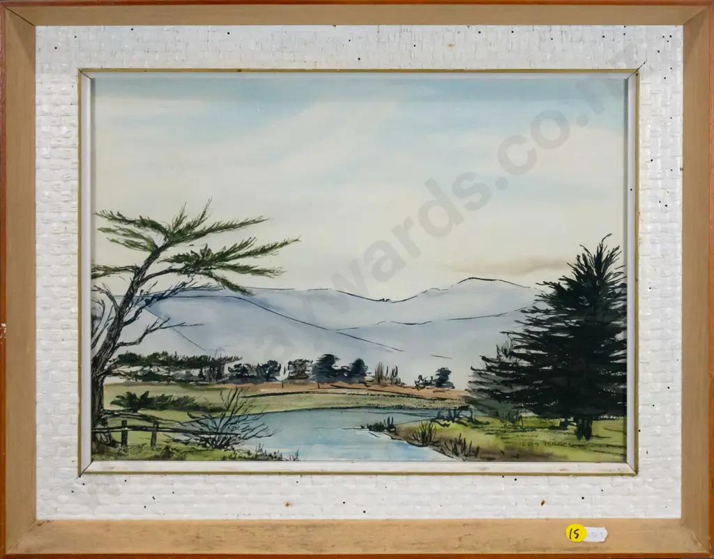 Lois Isaac - framed watercolour and ink - landscape H-260 W-350 (some borer in frame) Image 1++
