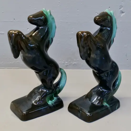 pair of Blue Mountain pottery rearing horse figures H-230