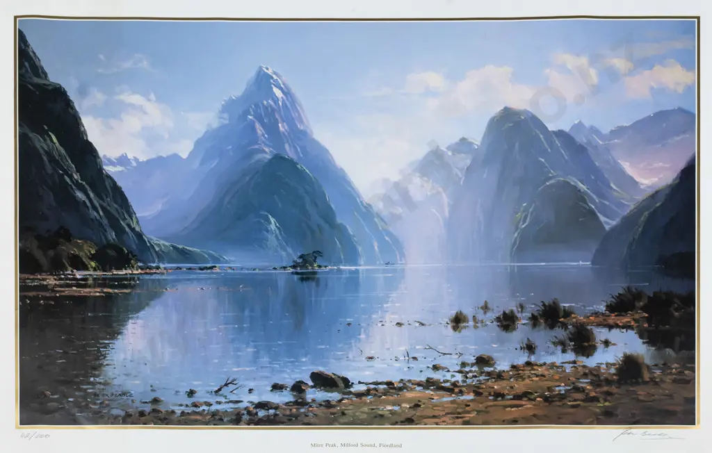unframed signed Peter Beadle poster print 62/300 "Mitre Peak, Milford Sound" H-510 W-780 Image 1++