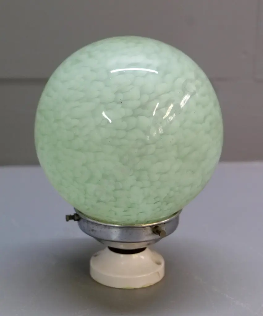 deco ceiling light fitting - mottled green glass globe shade with chrome journal H-190 D-150 Image 1++