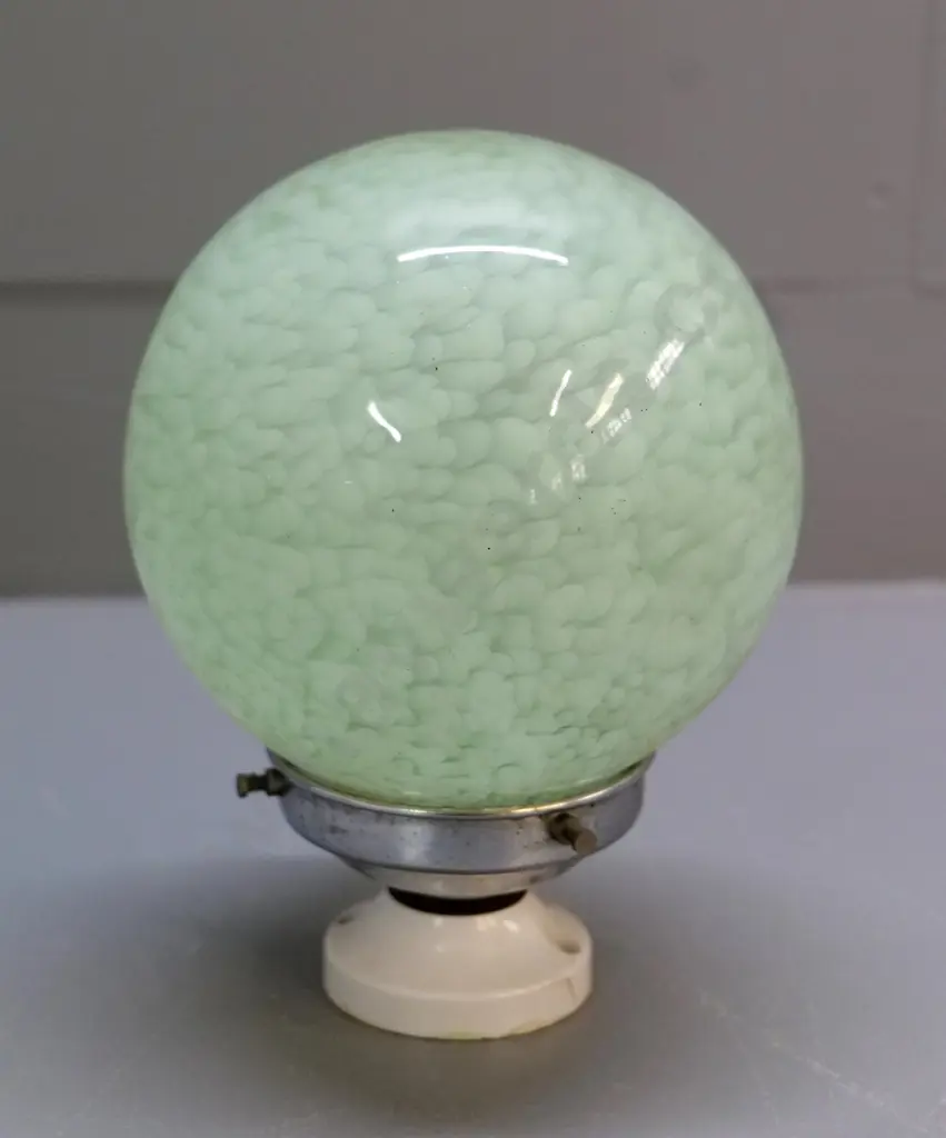 deco ceiling light fitting - mottled green glass globe shade with chrome journal H-190 D-150 Image 1++