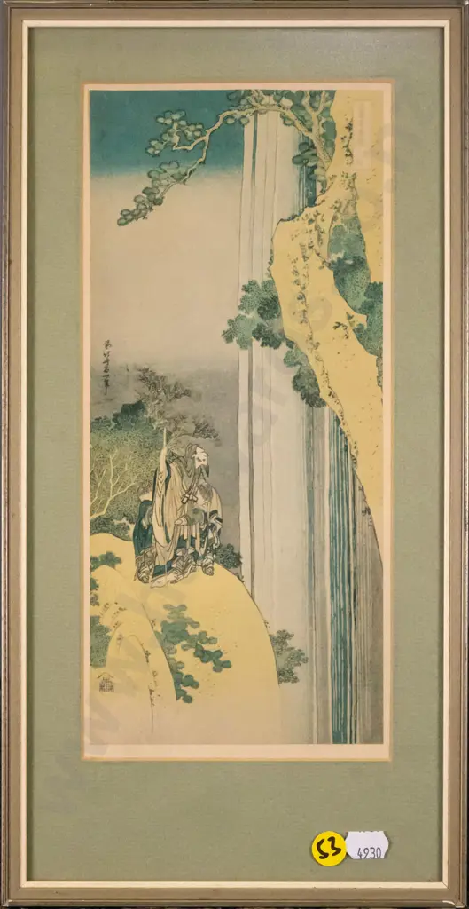 framed Japanese print "The Poet Li Po Admiring a Waterfall" H-260 W-120 (faded) Image 1++