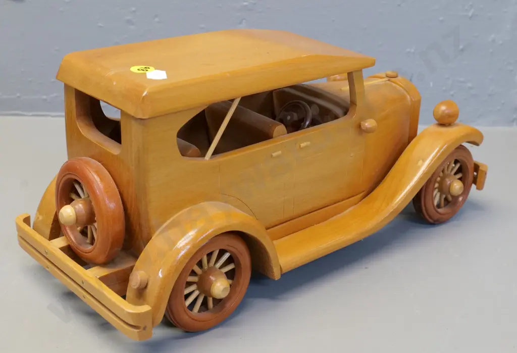 timber car model - marked on base Hand-crafted in Dunedin 1996, Dave, can't make out last name H-170 L-360 Image 1++