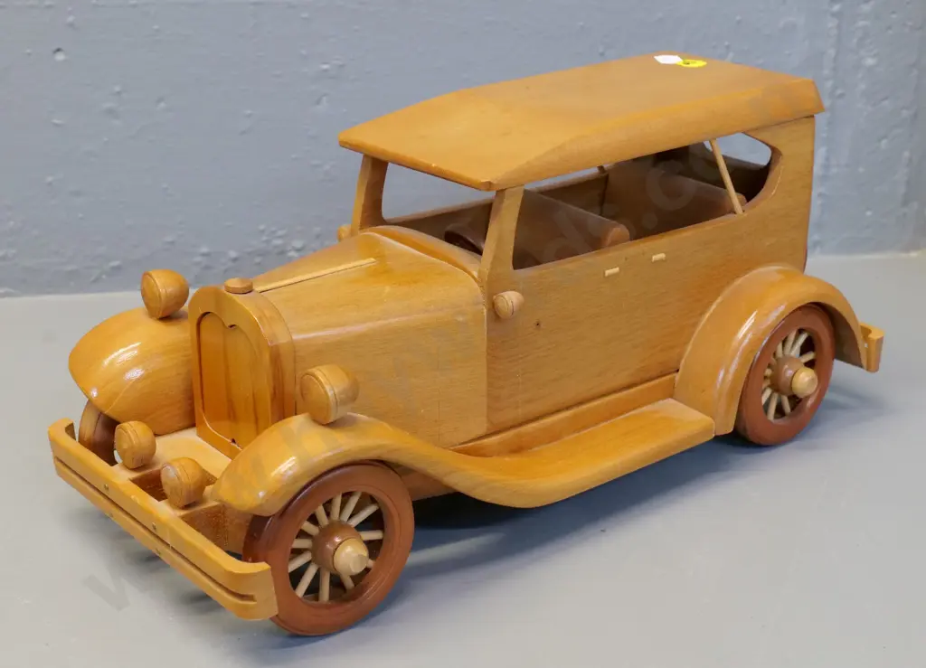 timber car model - marked on base Hand-crafted in Dunedin 1996, Dave, can't make out last name H-170 L-360 Image 1++