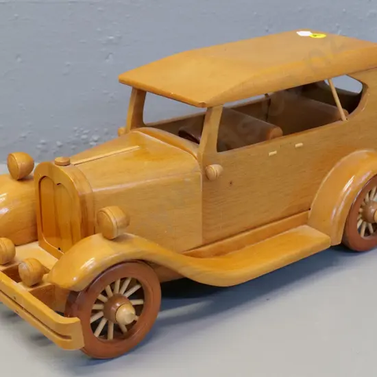 timber car model - marked on base Hand-crafted in Dunedin 1996, Dave, can't make out last name H-170 L-360