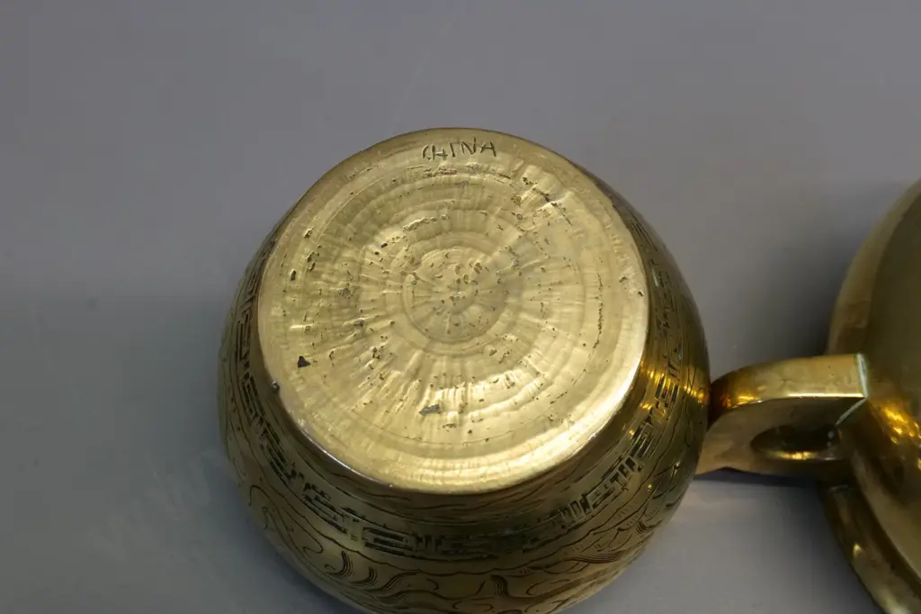 heavy Chinese brass handled urn W-300 and a lidded bowl H-160 Image 1++