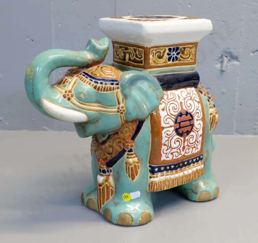 turquoise and multi colour porcelain elephant plant pot stand H-310 L-340 Image 1++
